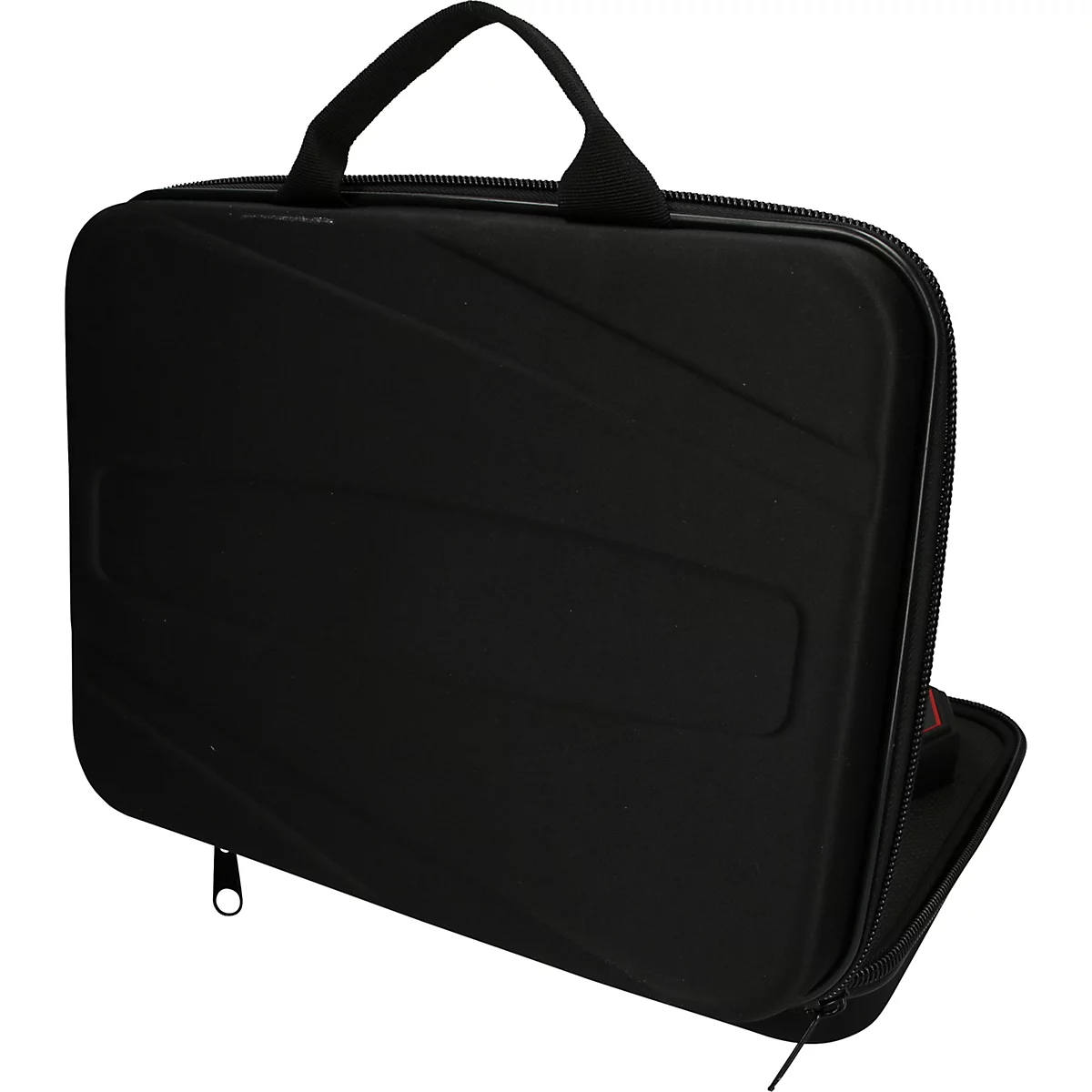 Schwarze Notebooktasche mit Tragegriff und Reißverschluss, teilweise geöffnet.